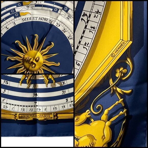 Vintage Hermès silk scarf Dies Et Hore Horoscope By Facconet Navy Blue Gold - Picture 6 of 15